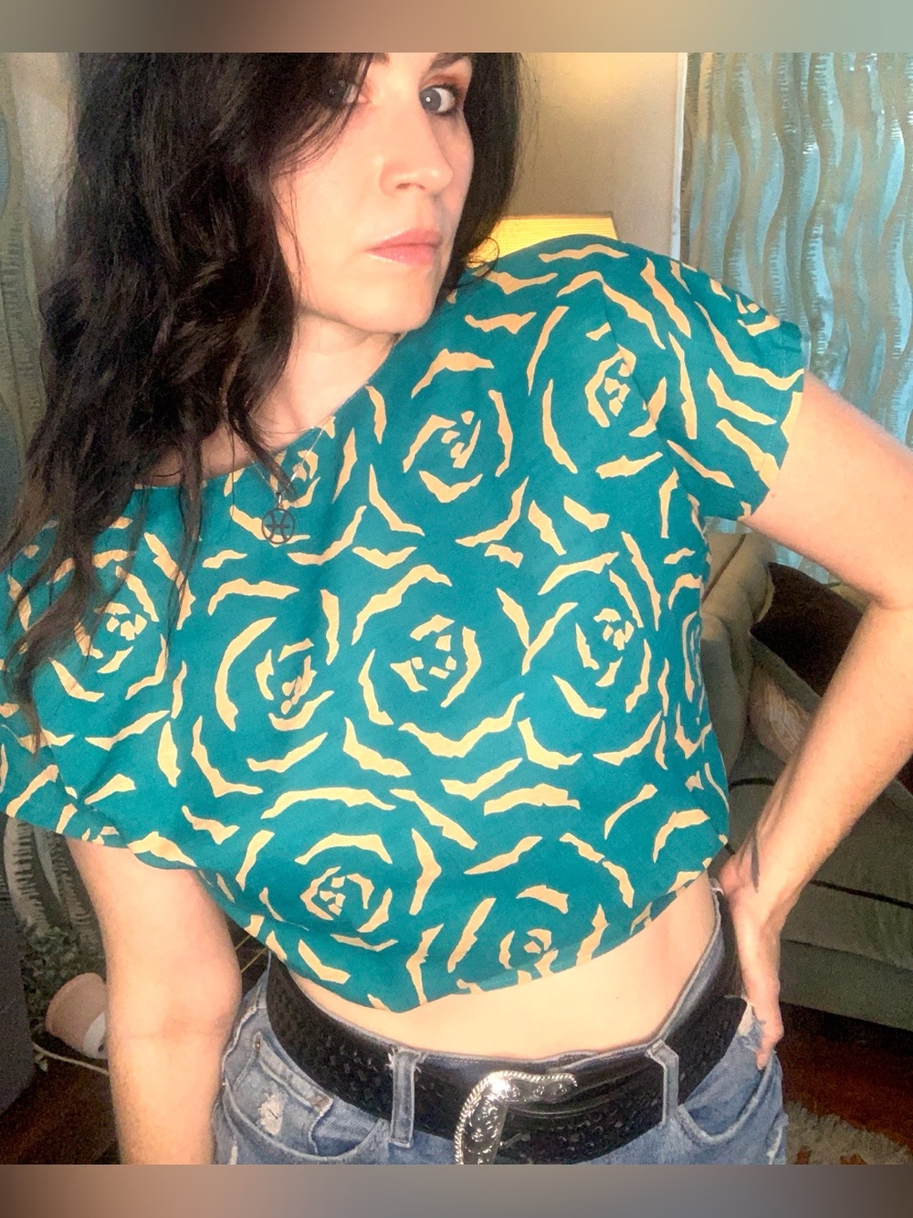 Vintage 80s Teal Rose Crop Top